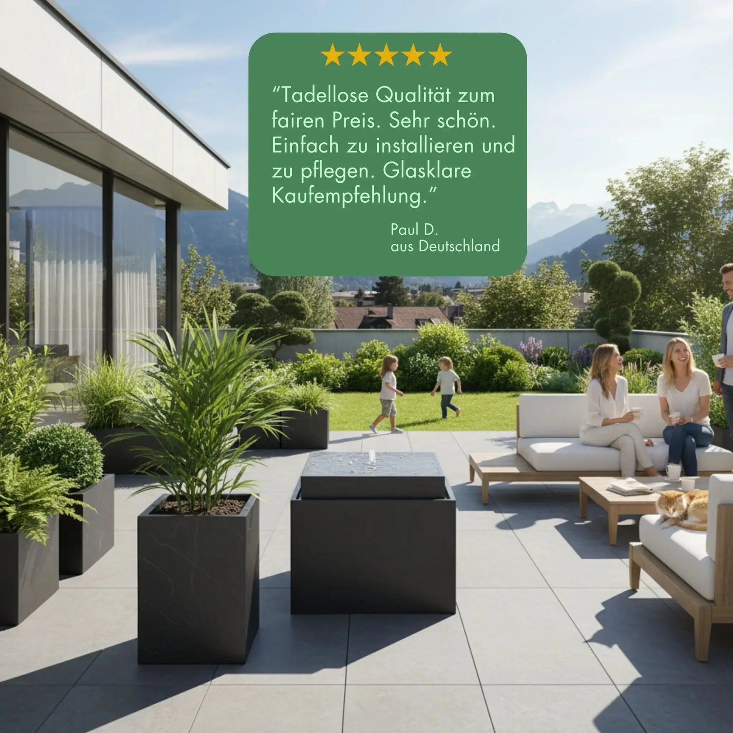 VIDA 60 Anthrazit – Gartenbrunnen modern Naturschiefer Schwarz, Vogeltränke, beleuchteter Wassersprudel, 57 x 57 x 50 cm, 60 kg - CLIMAQUA