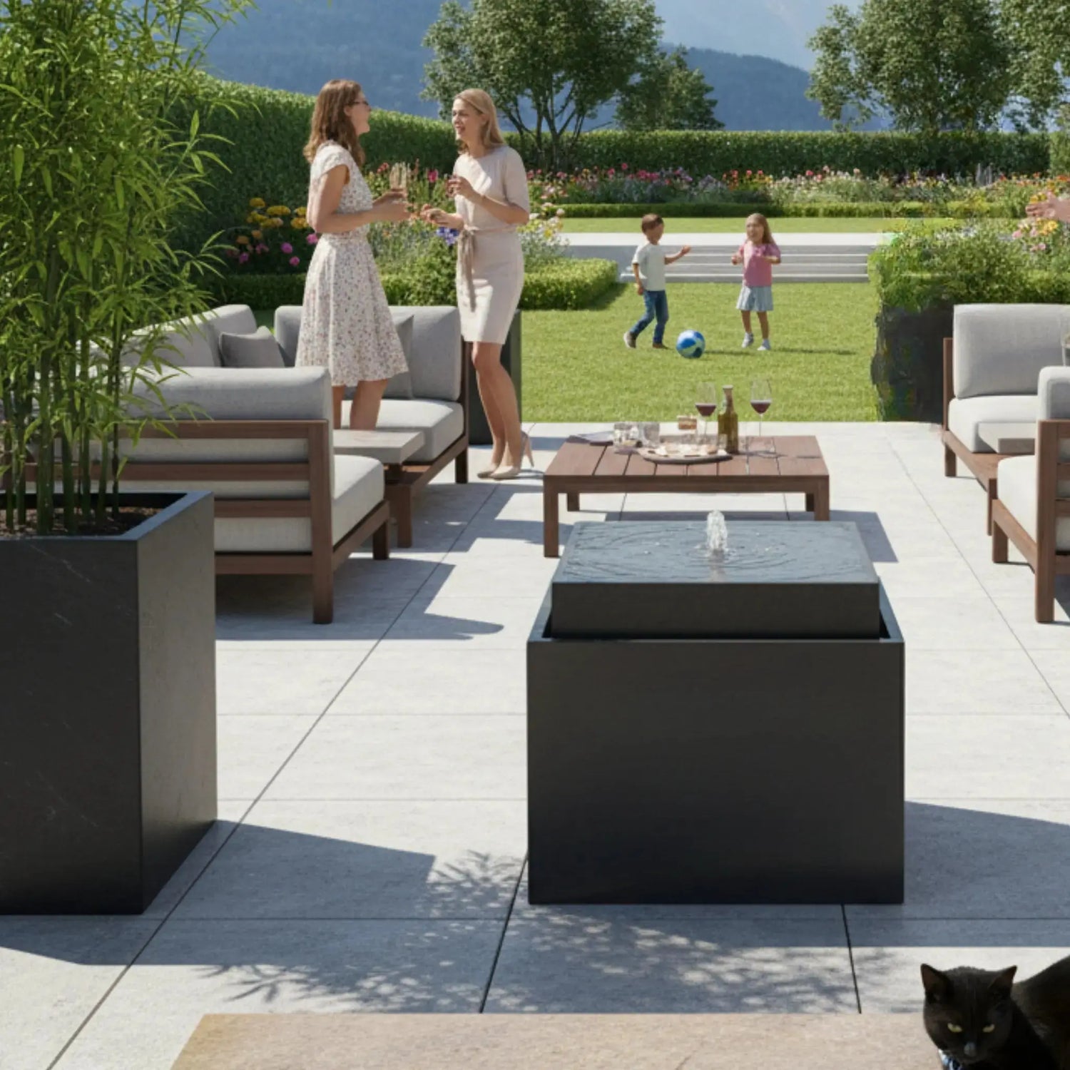 VIDA 60 Anthrazit – Gartenbrunnen modern Naturschiefer Schwarz, Vogeltränke, beleuchteter Wassersprudel, 57 x 57 x 50 cm, 60 kg - CLIMAQUA