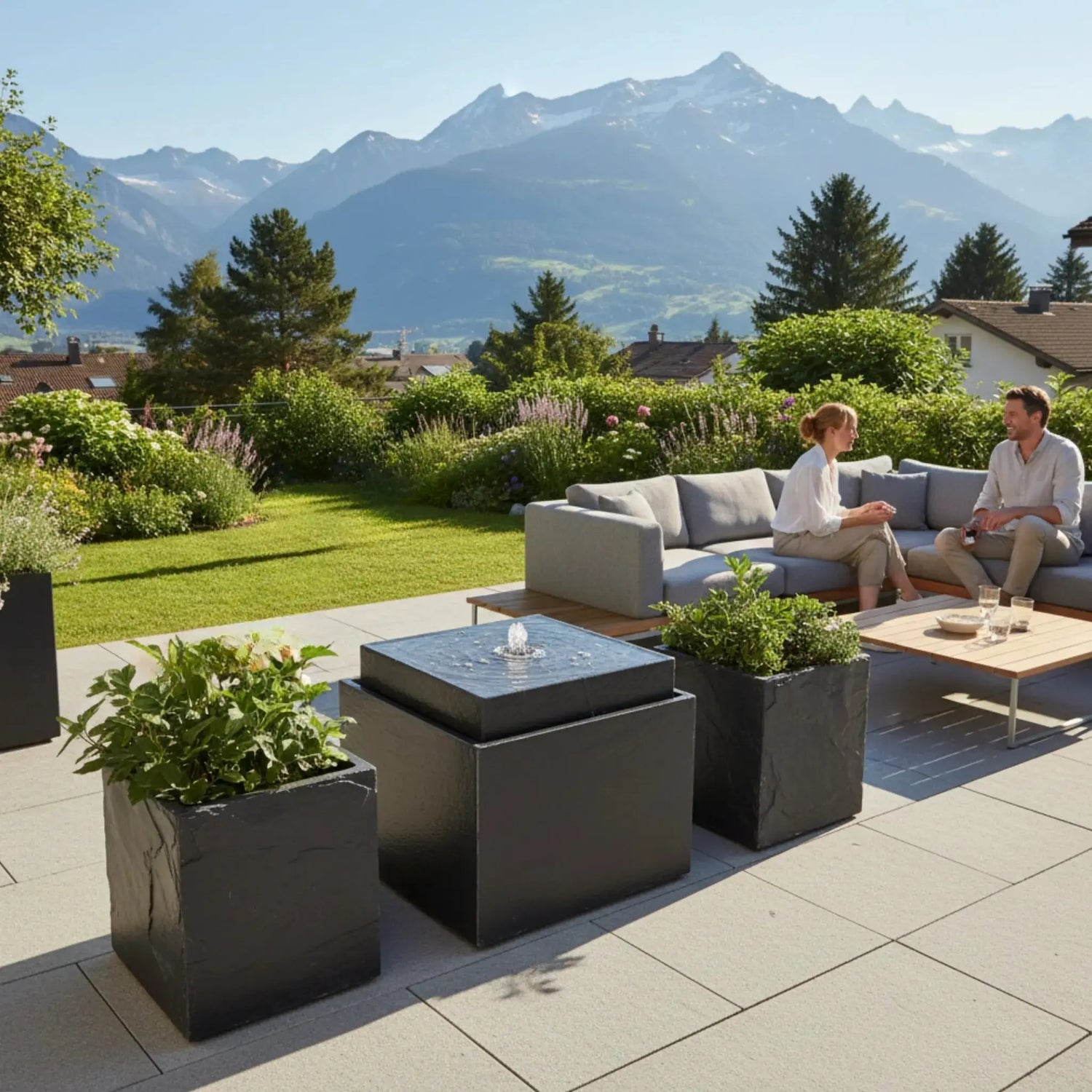 VIDA 60 Anthrazit – Gartenbrunnen modern Naturschiefer Schwarz, Vogeltränke, beleuchteter Wassersprudel, 57 x 57 x 50 cm, 60 kg - CLIMAQUA