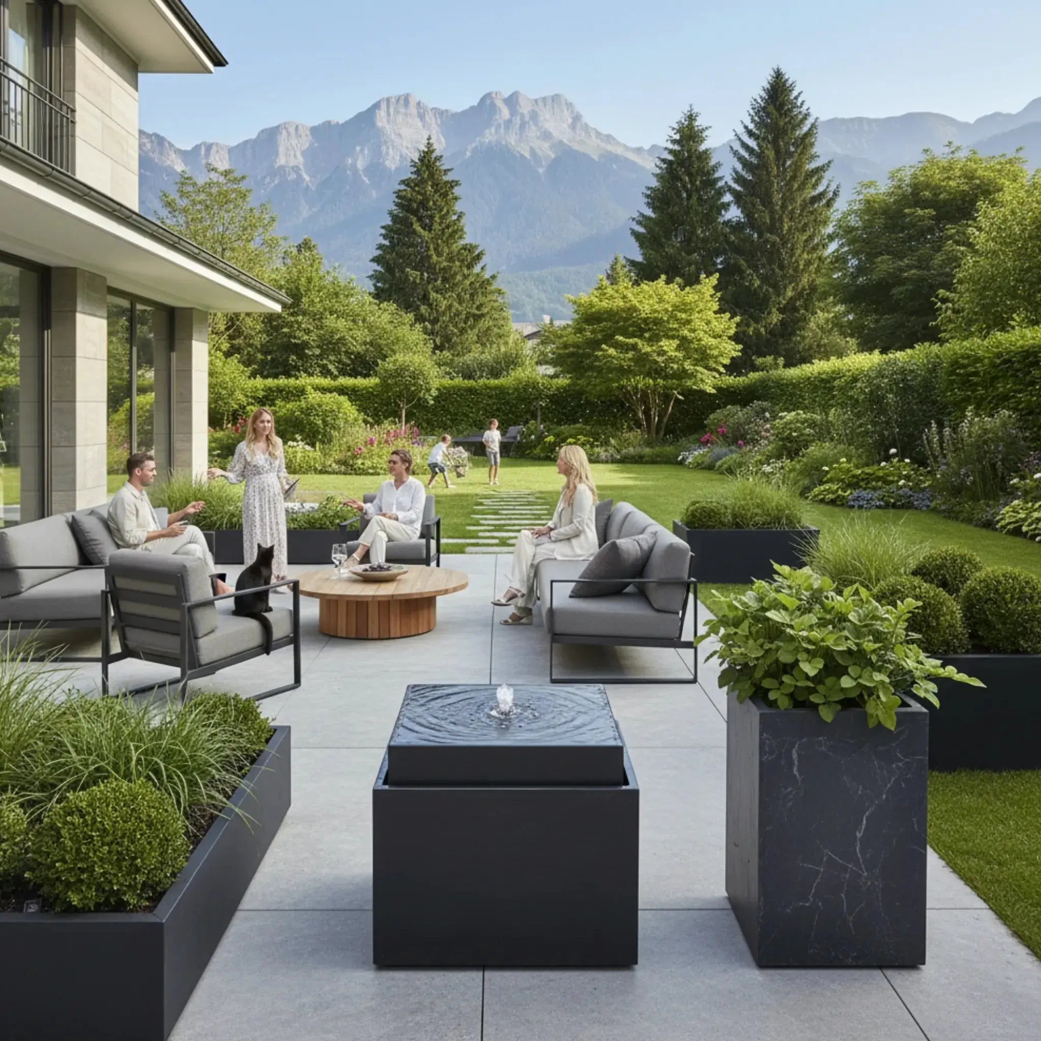 VIDA 60 Anthrazit – Gartenbrunnen modern Naturschiefer Schwarz, Vogeltränke, beleuchteter Wassersprudel, 57 x 57 x 50 cm, 60 kg - CLIMAQUA