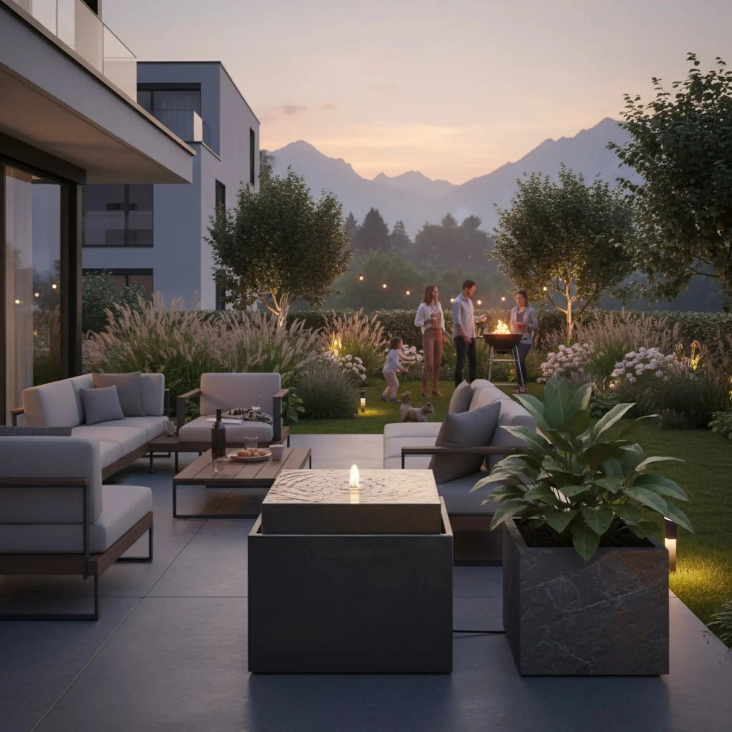 VIDA 60 Anthrazit – Gartenbrunnen modern Naturschiefer Schwarz, Vogeltränke, beleuchteter Wassersprudel, 57 x 57 x 50 cm, 60 kg - CLIMAQUA