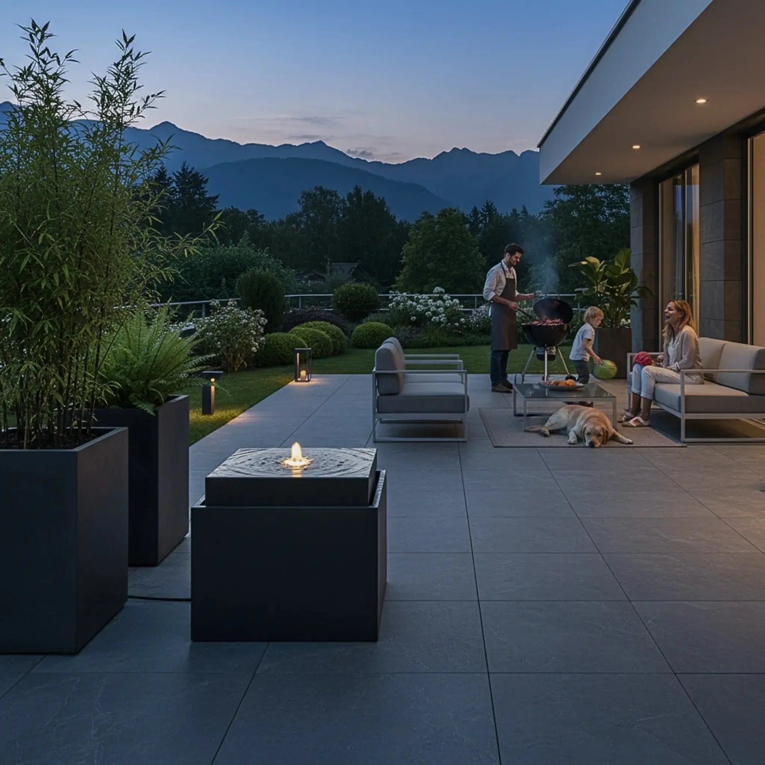 VIDA 60 Anthrazit – Gartenbrunnen modern Naturschiefer Schwarz, Vogeltränke, beleuchteter Wassersprudel, 57 x 57 x 50 cm, 60 kg - CLIMAQUA