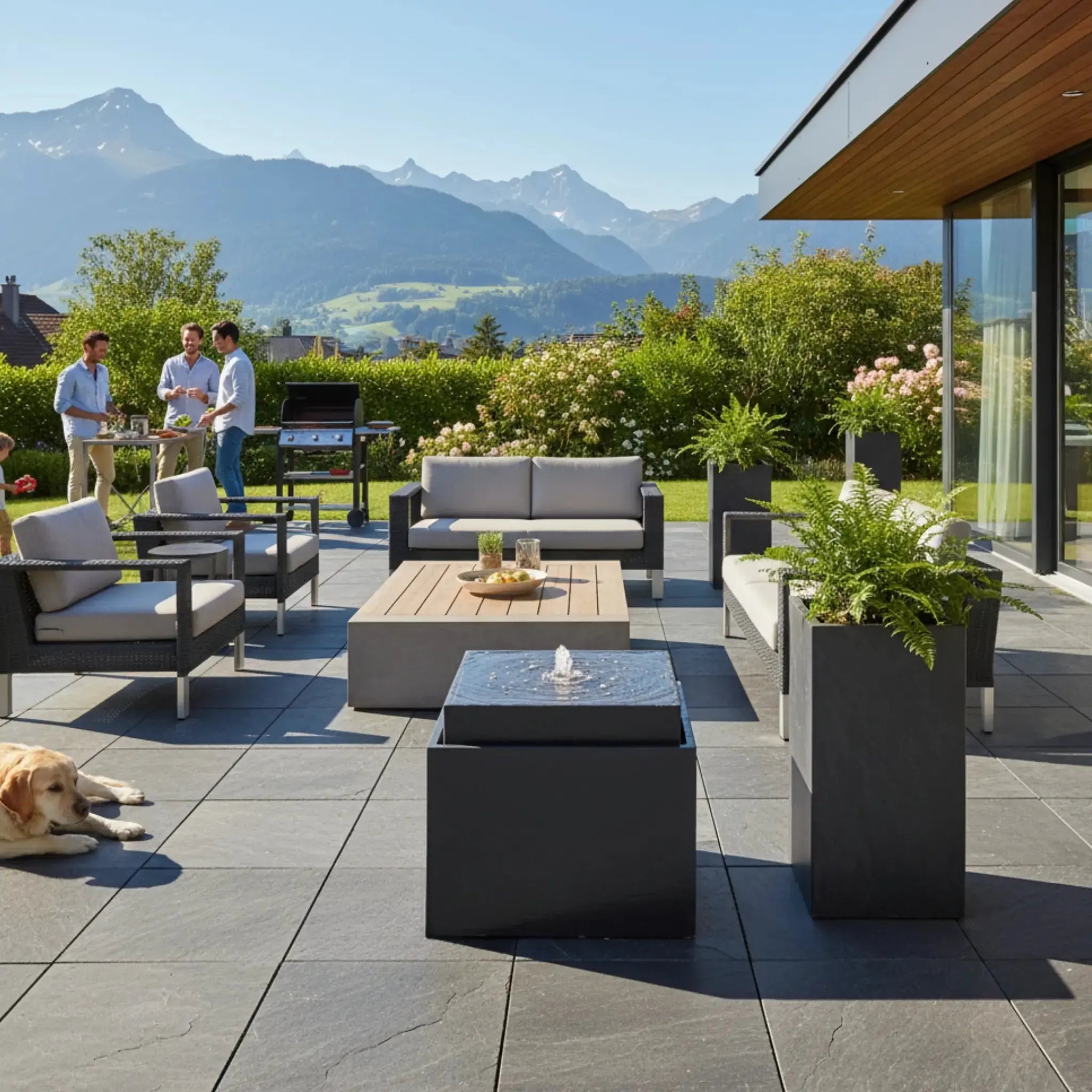 VIDA 60 Anthrazit – Gartenbrunnen modern Naturschiefer Schwarz, Vogeltränke, beleuchteter Wassersprudel, 57 x 57 x 50 cm, 60 kg - CLIMAQUA