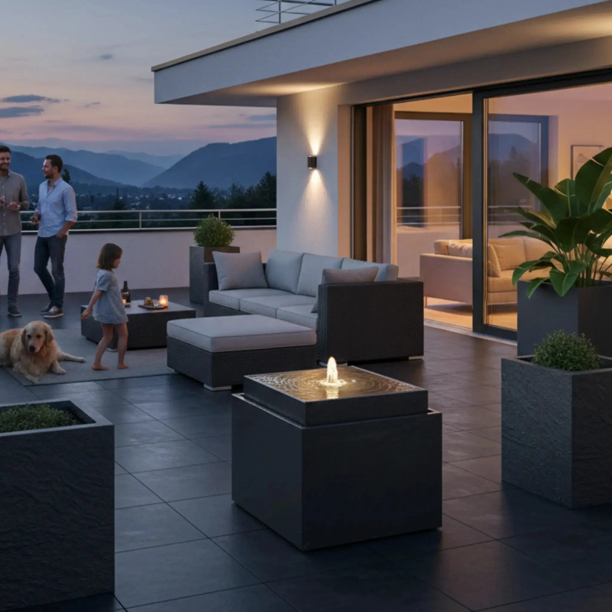 VIDA 60 Anthrazit – Gartenbrunnen modern Naturschiefer Schwarz, Vogeltränke, beleuchteter Wassersprudel, 57 x 57 x 50 cm, 60 kg - CLIMAQUA