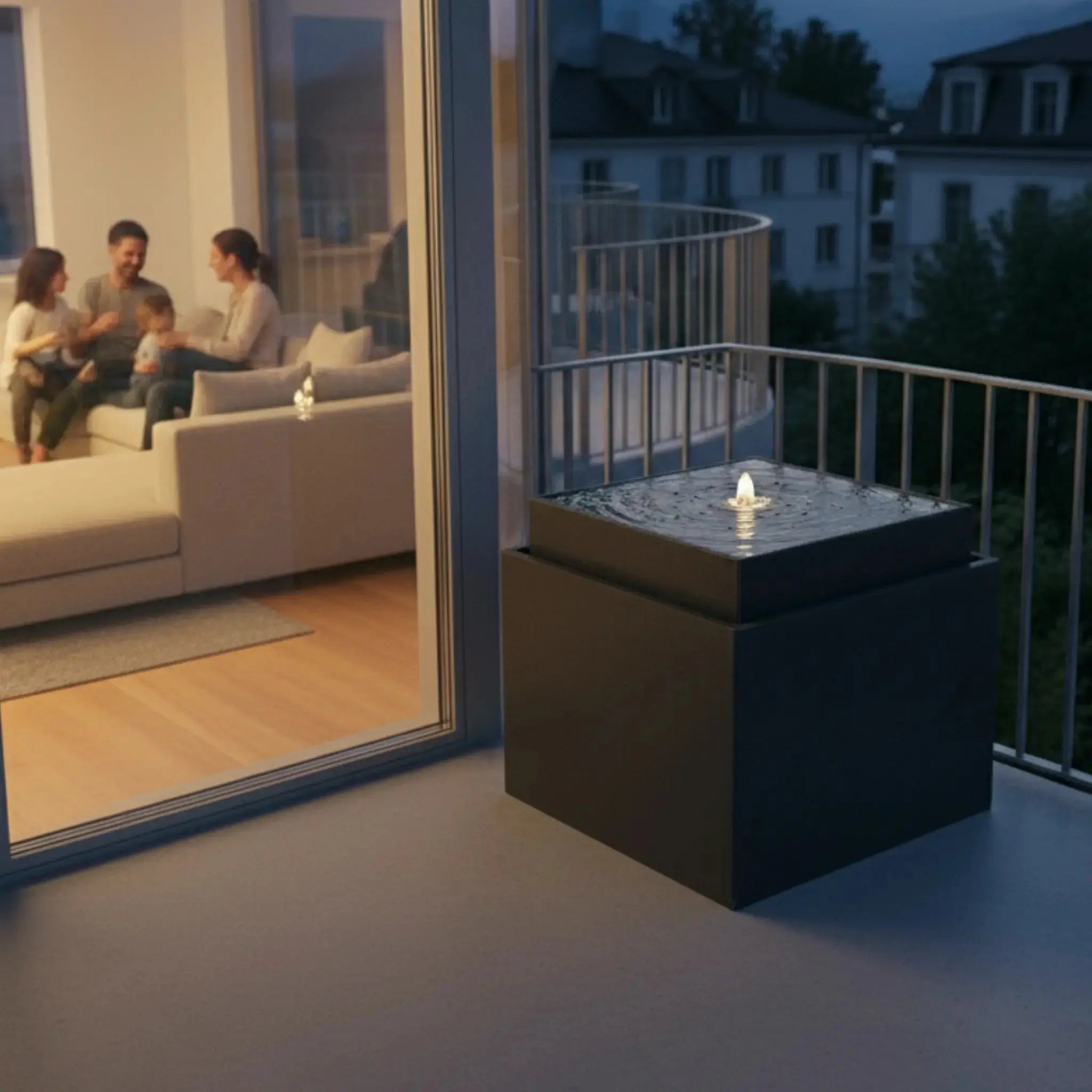 VIDA 60 Anthrazit – Gartenbrunnen modern Naturschiefer Schwarz, Vogeltränke, beleuchteter Wassersprudel, 57 x 57 x 50 cm, 60 kg - CLIMAQUA