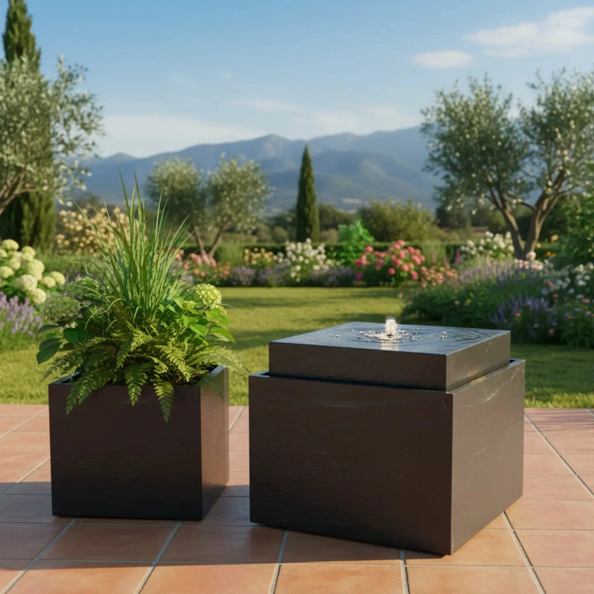 VIDA 60 Anthrazit – Gartenbrunnen modern Naturschiefer Schwarz, Vogeltränke, beleuchteter Wassersprudel, 57 x 57 x 50 cm, 60 kg - CLIMAQUA