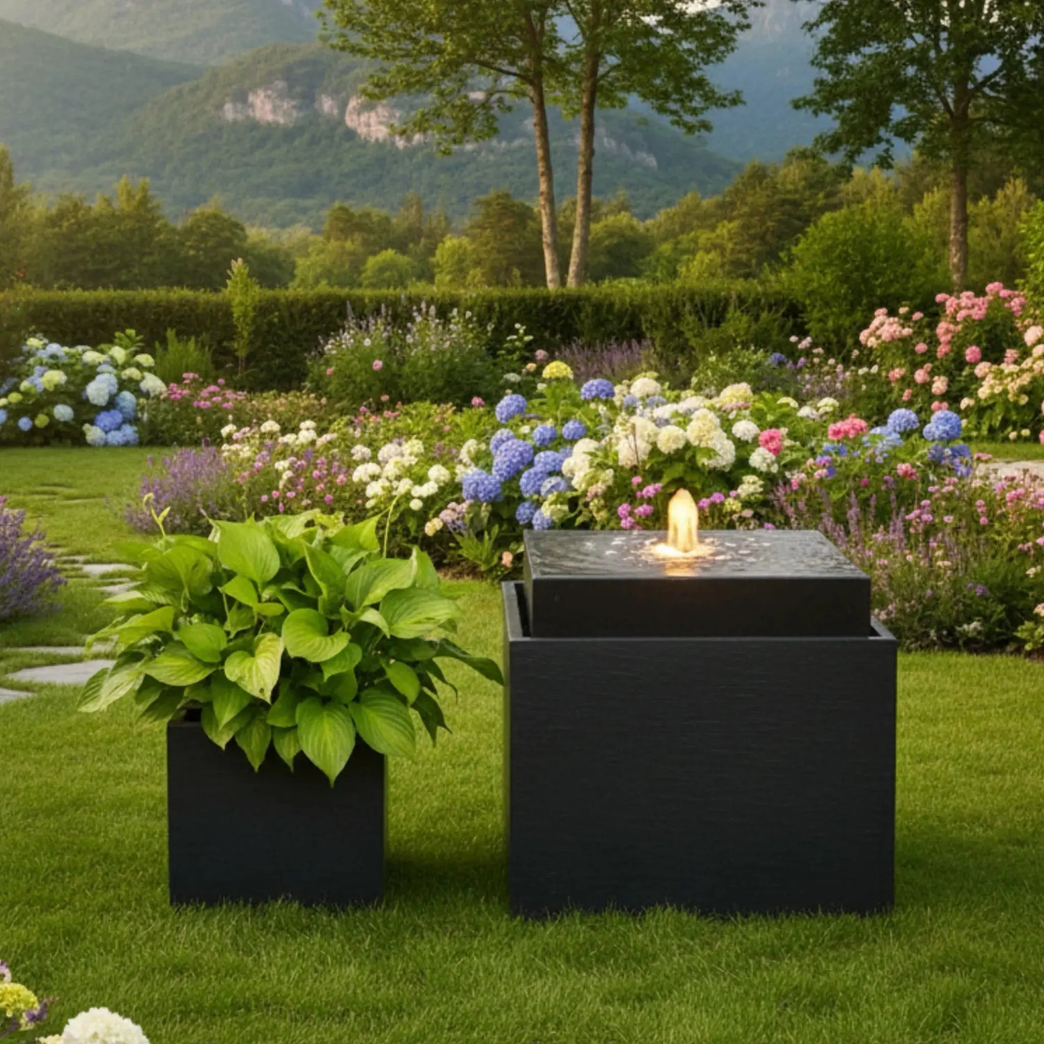 VIDA 60 Anthrazit – Gartenbrunnen modern Naturschiefer Schwarz, Vogeltränke, beleuchteter Wassersprudel, 57 x 57 x 50 cm, 60 kg - CLIMAQUA