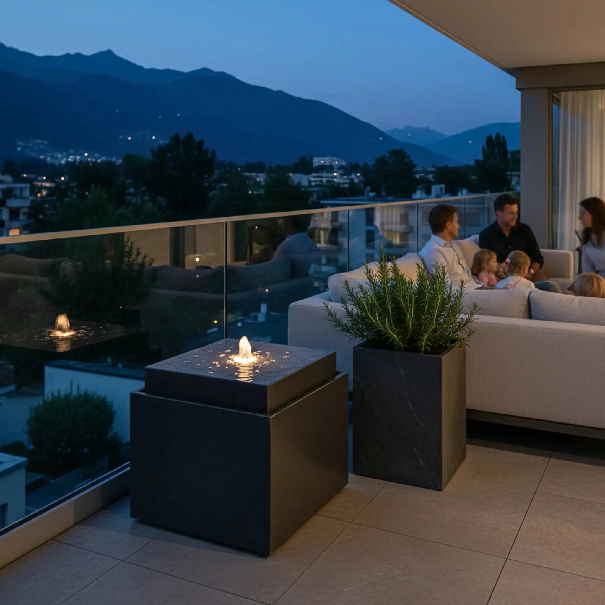 VIDA 60 Anthrazit – Gartenbrunnen modern Naturschiefer Schwarz, Vogeltränke, beleuchteter Wassersprudel, 57 x 57 x 50 cm, 60 kg - CLIMAQUA