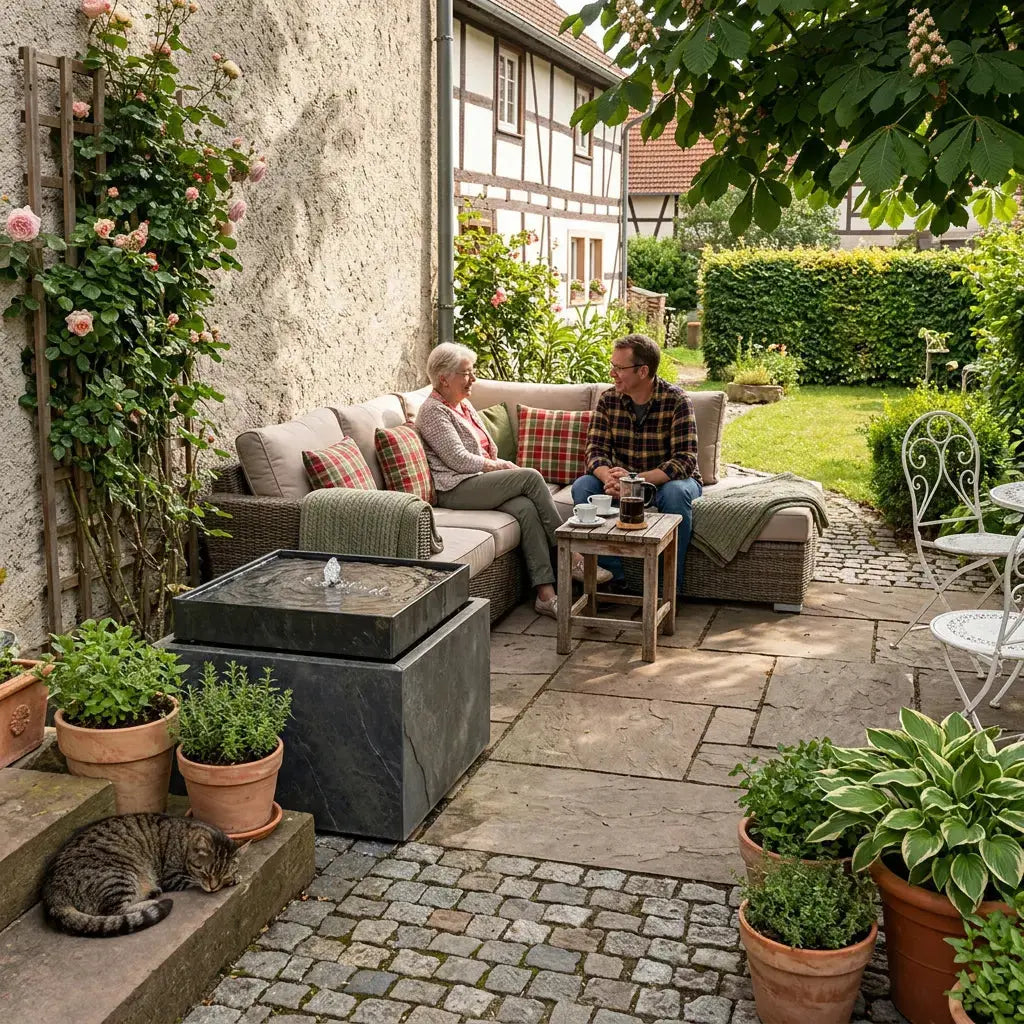 VIDA 60 Rusty – Terrassenbrunnen eckig gross Naturschiefer Braun, Vogeltränke, Sprudel mit warmweiss LED, 57 x 57 x 50 cm, 60 kg - CLIMAQUA