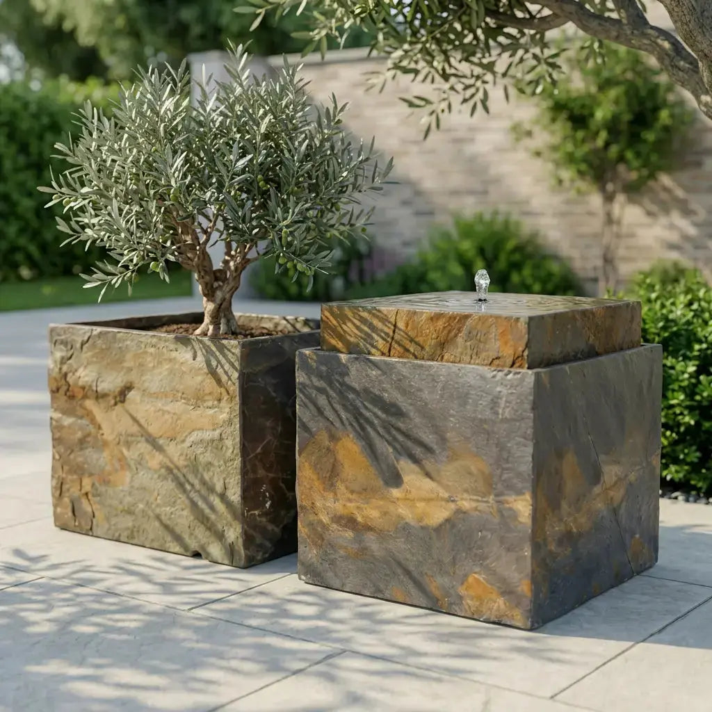 VIDA 60 Rusty – Terrassenbrunnen eckig gross Naturschiefer Braun, Vogeltränke, Sprudel mit warmweiss LED, 57 x 57 x 50 cm, 60 kg - CLIMAQUA