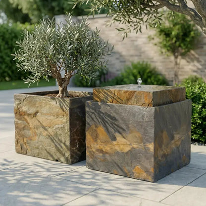 VIDA 60 Rusty – Terrassenbrunnen eckig gross Naturschiefer Braun, Vogeltränke, Sprudel mit warmweiss LED, 57 x 57 x 50 cm, 60 kg - CLIMAQUA