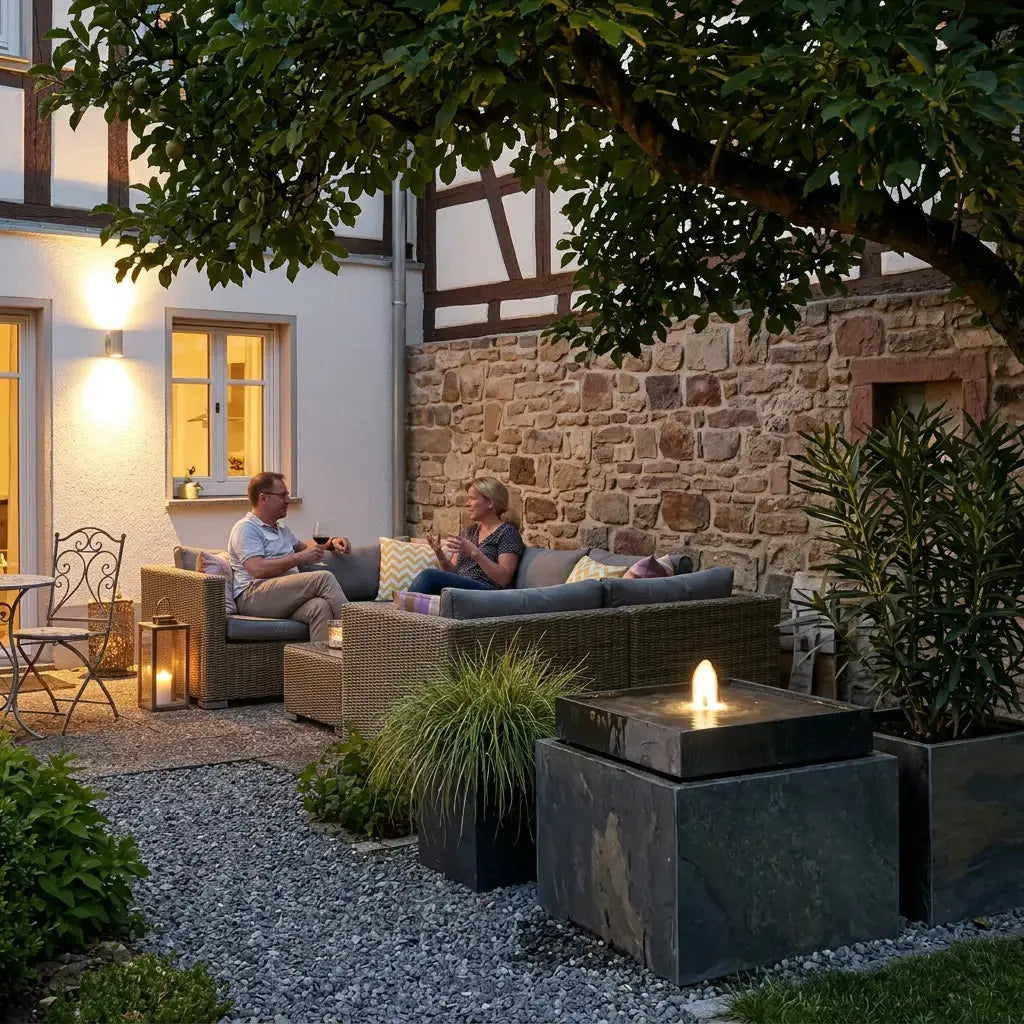 VIDA 60 Rusty – Terrassenbrunnen eckig gross Naturschiefer Braun, Vogeltränke, Sprudel mit warmweiss LED, 57 x 57 x 50 cm, 60 kg - CLIMAQUA