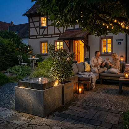 VIDA 60 Rusty – Terrassenbrunnen eckig gross Naturschiefer Braun, Vogeltränke, Sprudel mit warmweiss LED, 57 x 57 x 50 cm, 60 kg - CLIMAQUA