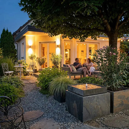 VIDA 60 Rusty – Terrassenbrunnen eckig gross Naturschiefer Braun, Vogeltränke, Sprudel mit warmweiss LED, 57 x 57 x 50 cm, 60 kg - CLIMAQUA