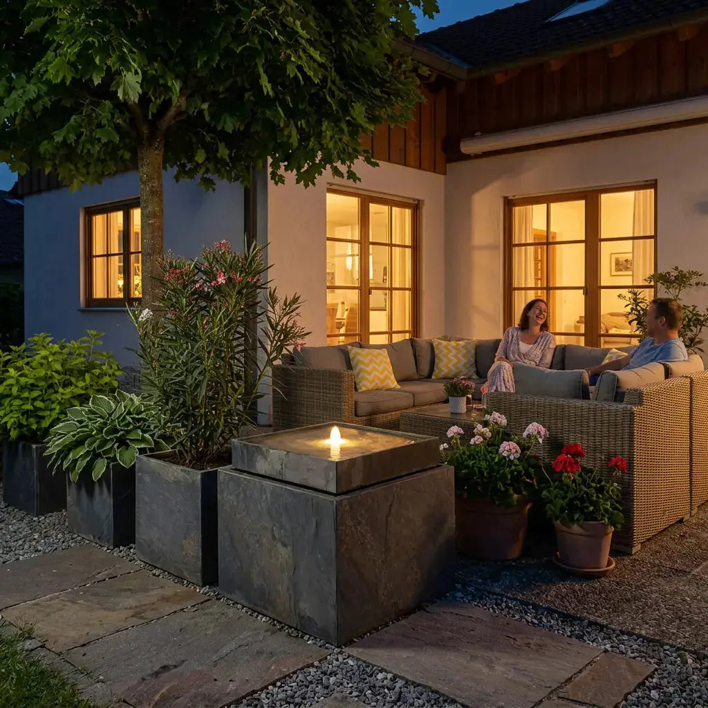 VIDA 60 Rusty – Terrassenbrunnen eckig gross Naturschiefer Braun, Vogeltränke, Sprudel mit warmweiss LED, 57 x 57 x 50 cm, 60 kg - CLIMAQUA