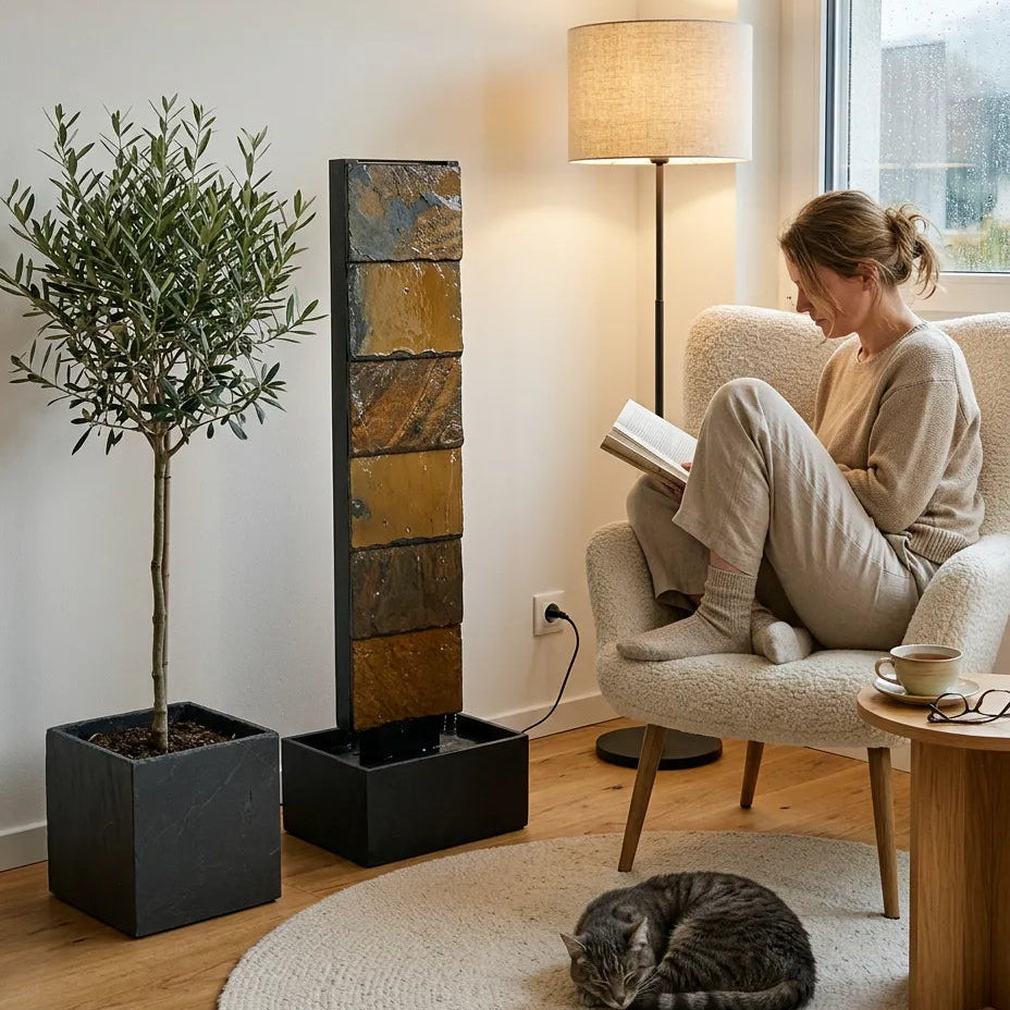 VIO L RUSTY PURE LIVING Set – Wasserwand aus Schiefer im Wohnraum, eine Frau liest im Sessel neben Olivenbaum und Stehlampe - CLIMAQUA (KI-Inhalte)