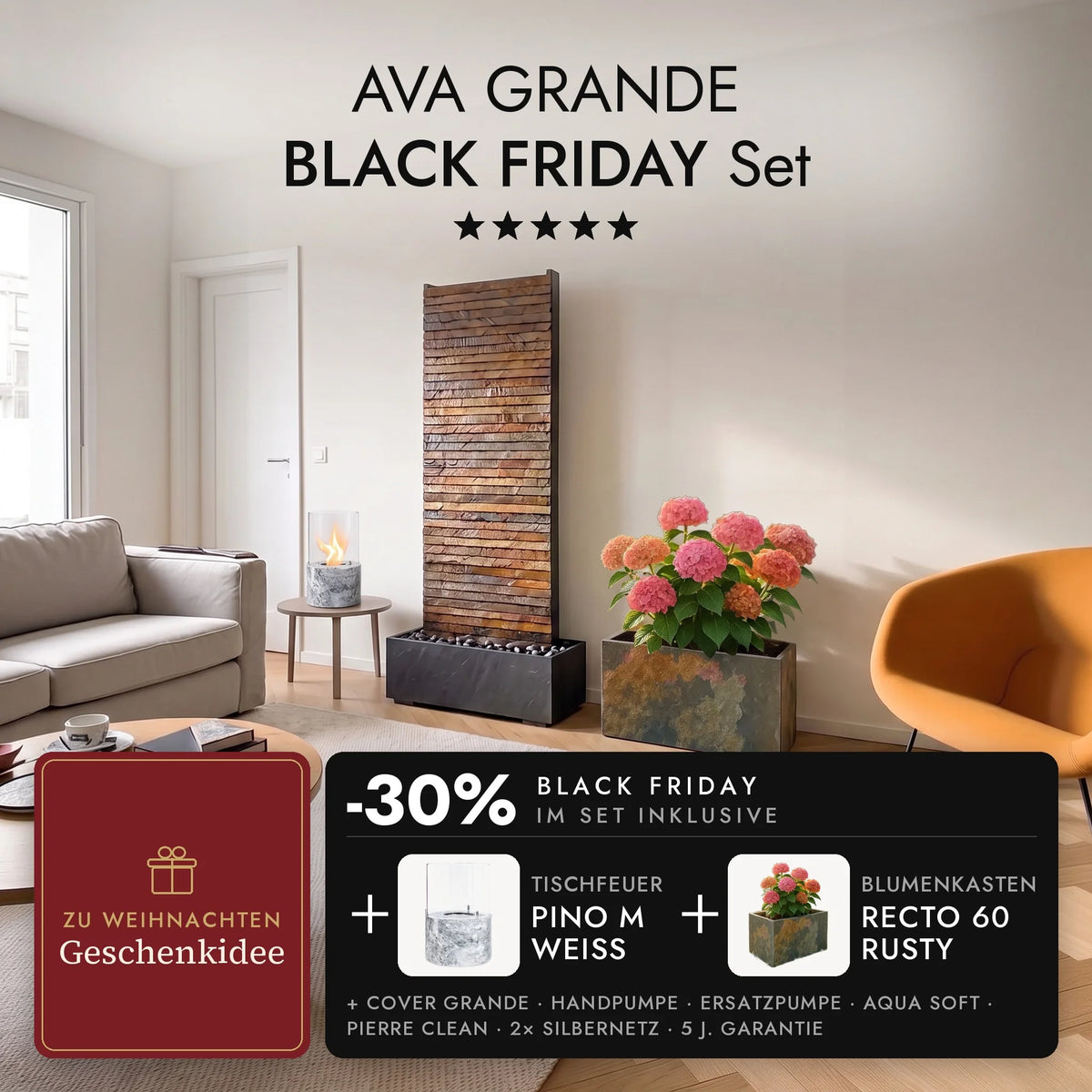 Wasserwand AVA GRANDE im Wohnzimmer mit Blumenkasten RECTO 60 Rusty und brennendem Tischfeuer PINO M Weiss auf dem Beistelltisch, AVA GRANDE BLACK FRIDAY Set (KI-Inhalte)