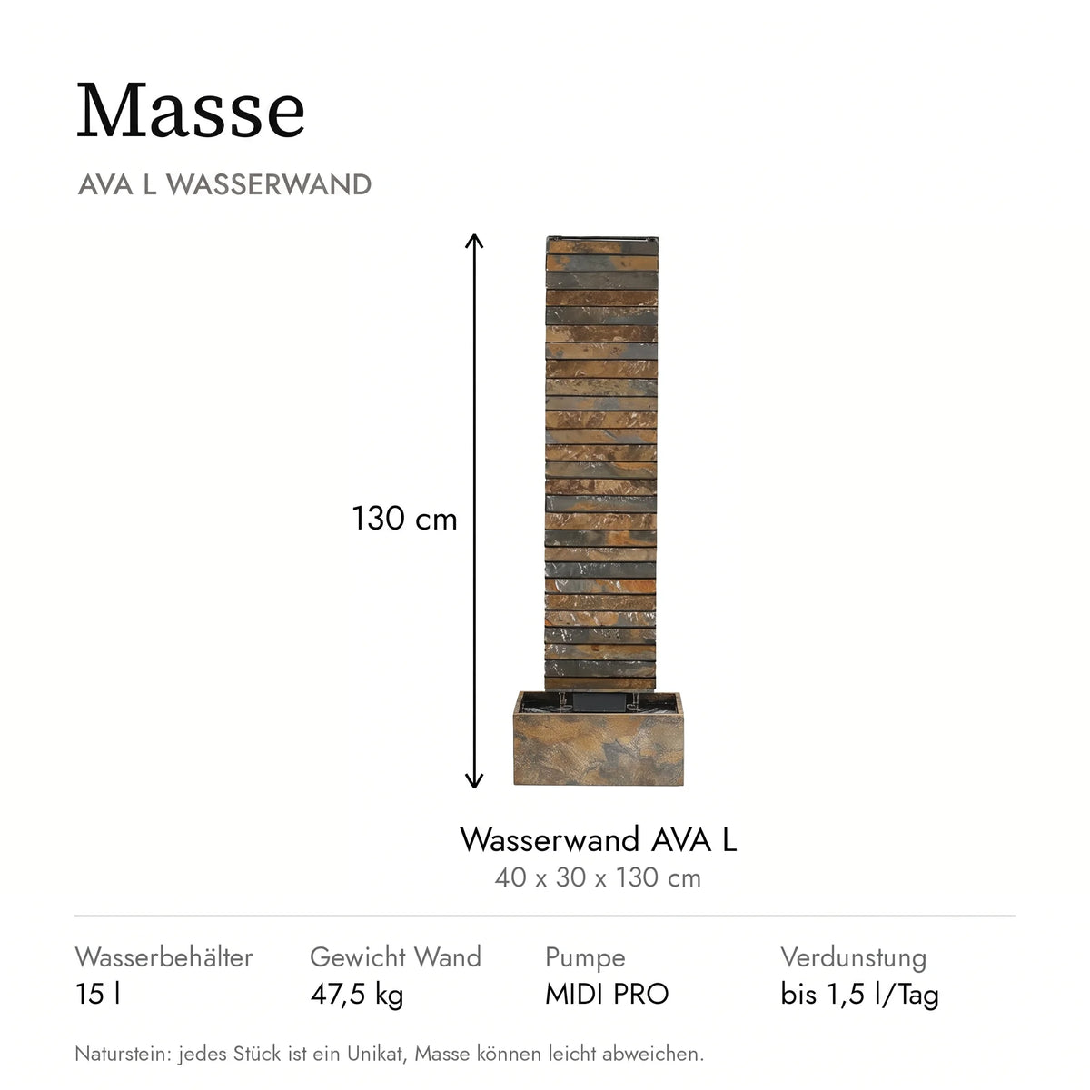 Masse der Wasserwand AVA L: 40 x 30 x 130 cm (KI-Inhalte)