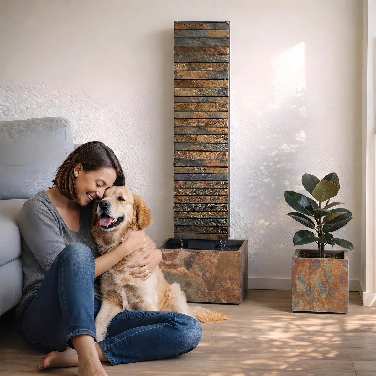 Frau mit Hund neben der Wasserwand AVA L (KI-Inhalte)