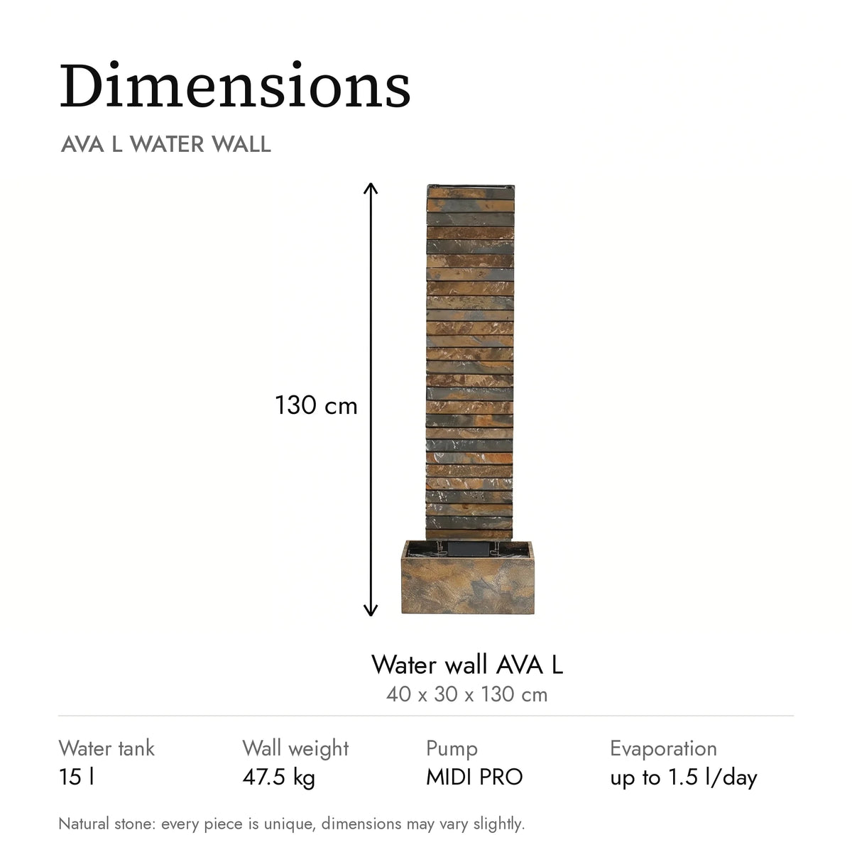 Dimensions of the AVA L water wall: 40 x 30 x 130 cm