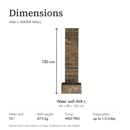 Dimensions of the AVA L water wall: 40 x 30 x 130 cm (AI content)