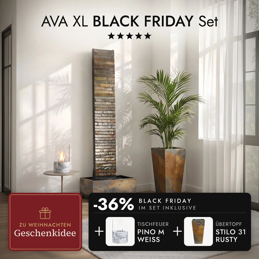 Wasserwand AVA XL im Wohnzimmer mit Übertopf STILO 31 Rusty und brennendem Tischfeuer PINO M Weiss auf dem Beistelltisch, AVA XL BLACK FRIDAY Set (KI-Inhalte)