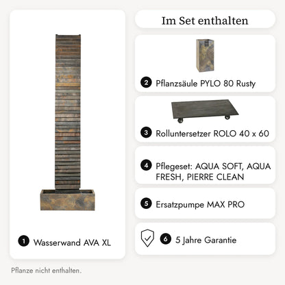 Im AVA XL DREAM LIVING Set enthalten: Wasserwand, Pflanzsäule PYLO 80 Rusty, Rolluntersetzer ROLO 40 x 60, Pflegeset, Ersatzpumpe, 5 Jahre Garantie