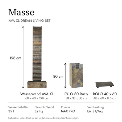 Masse AVA XL DREAM LIVING Set: Wasserwand, Pflanzsäule und Rolluntersetzer