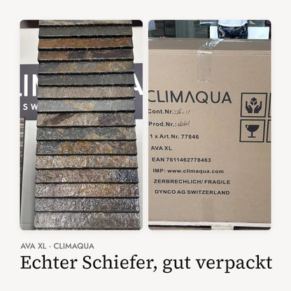 Rusty-Schiefer der Wasserwand AVA XL im Detail und Versandkarton