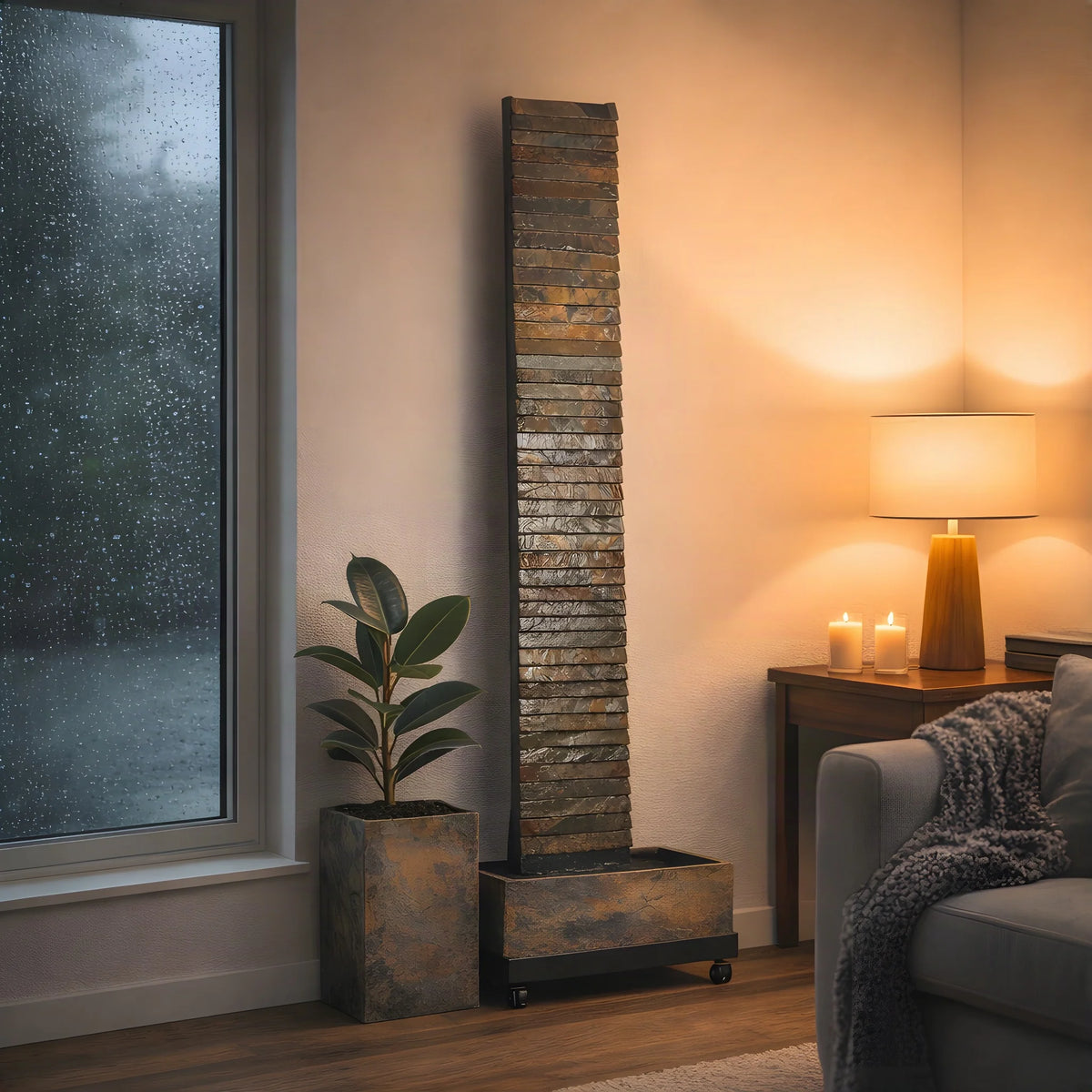 Wasserwand AVA XL an einem Regentag mit Kerzen und Tischlampe (KI-Inhalte)