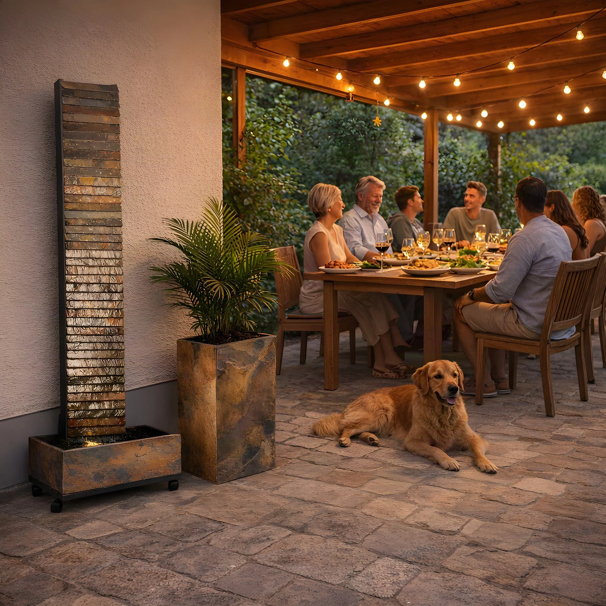 Abendessen mit Freunden auf der Terrasse neben der Wasserwand AVA XL (KI-Inhalte)