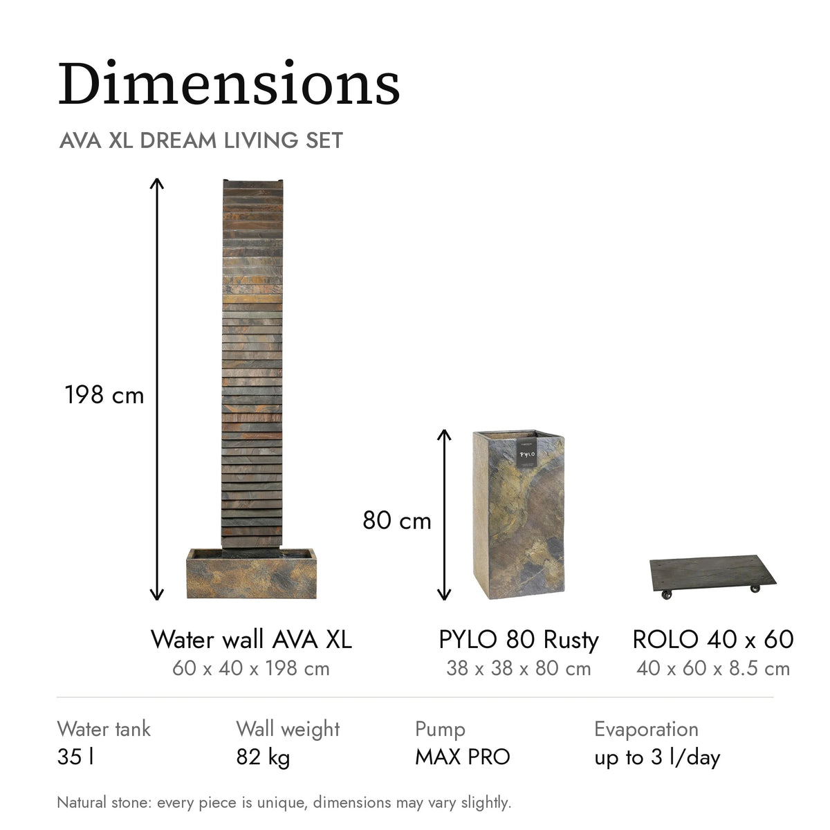 Dimensions of the AVA XL DREAM LIVING Set