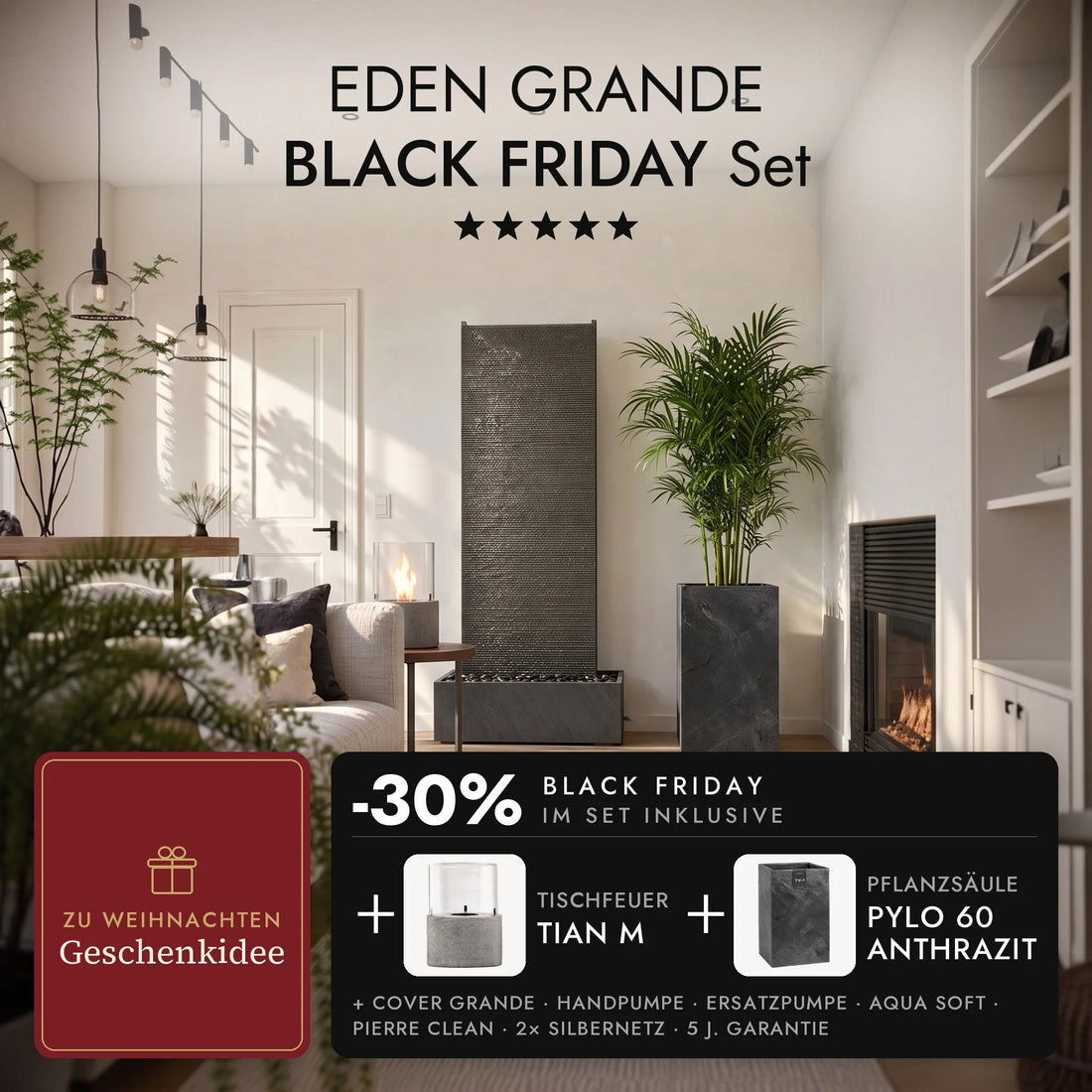 Waterwand EDEN GRANDE in de woonkamer met plantenzuil PYLO 60 Antraciet en brandend tafelvuur TIAN M op het bijzettafeltje, EDEN GRANDE BLACK FRIDAY Set (AI-content)