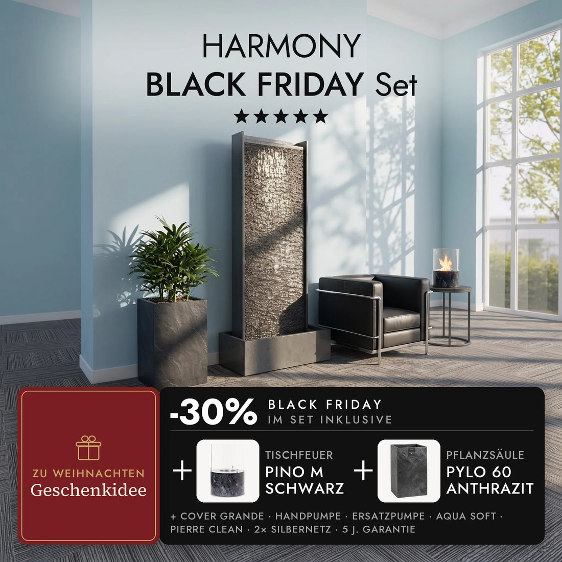 Wasserwand HARMONY im Wohnzimmer mit Pflanzsäule PYLO 60 Anthrazit und brennendem Tischfeuer PINO M Schwarz auf dem Beistelltisch, HARMONY BLACK FRIDAY Set (KI-Inhalte)