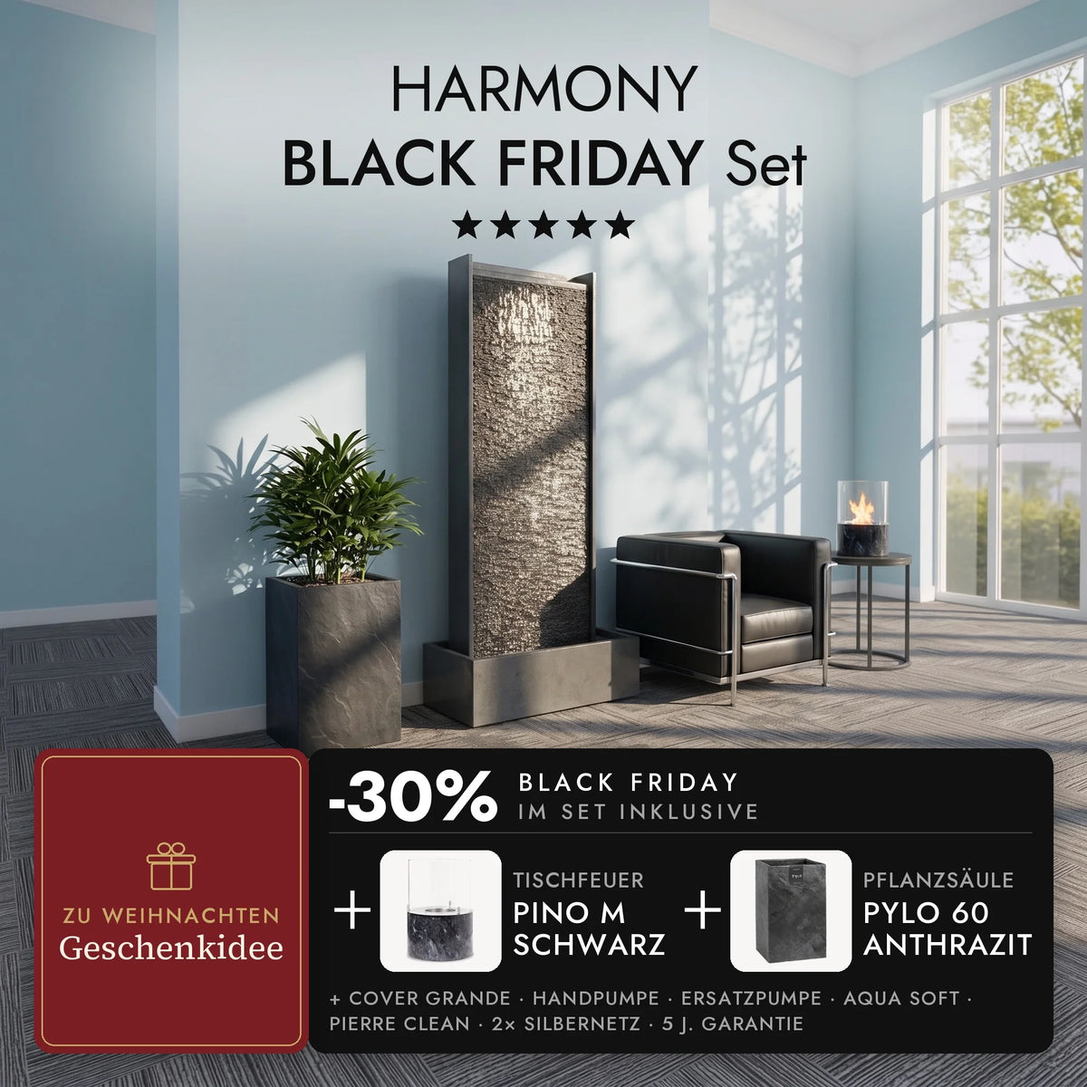 Waterwand HARMONY in de woonkamer met plantenzuil PYLO 60 Antraciet en brandend tafelvuur PINO M Zwart op het bijzettafeltje, HARMONY BLACK FRIDAY Set (AI-content)
