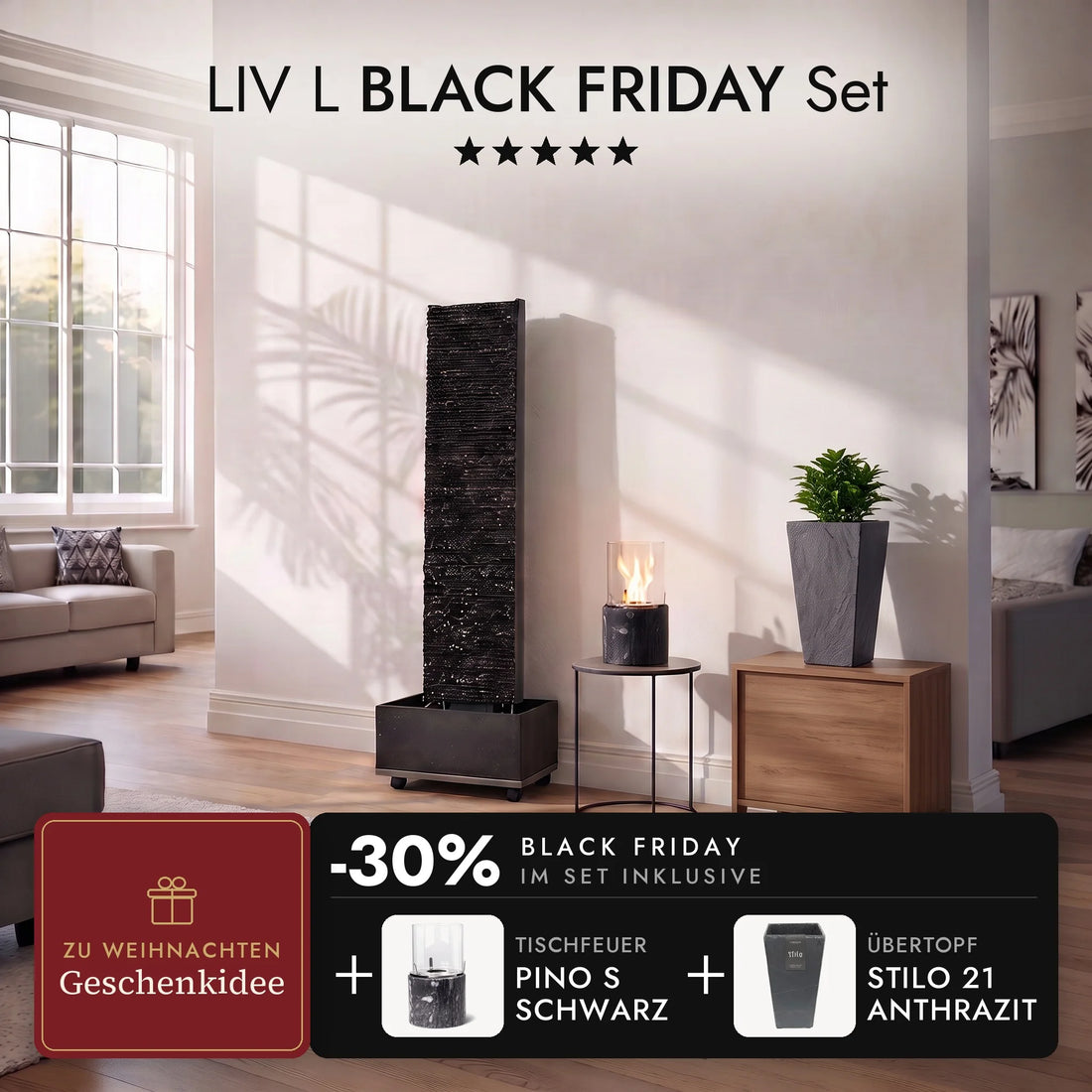 Waterwand LIV L in de woonkamer met sierpot STILO 21 Antraciet op het dressoir en brandend tafelvuur PINO S Zwart op het bijzettafeltje, LIV L BLACK FRIDAY Set (AI-content)