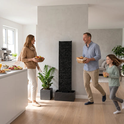 Morgenbrunch mit Familie in der offenen Küche neben der Wasserwand LIV L (KI-Inhalte)