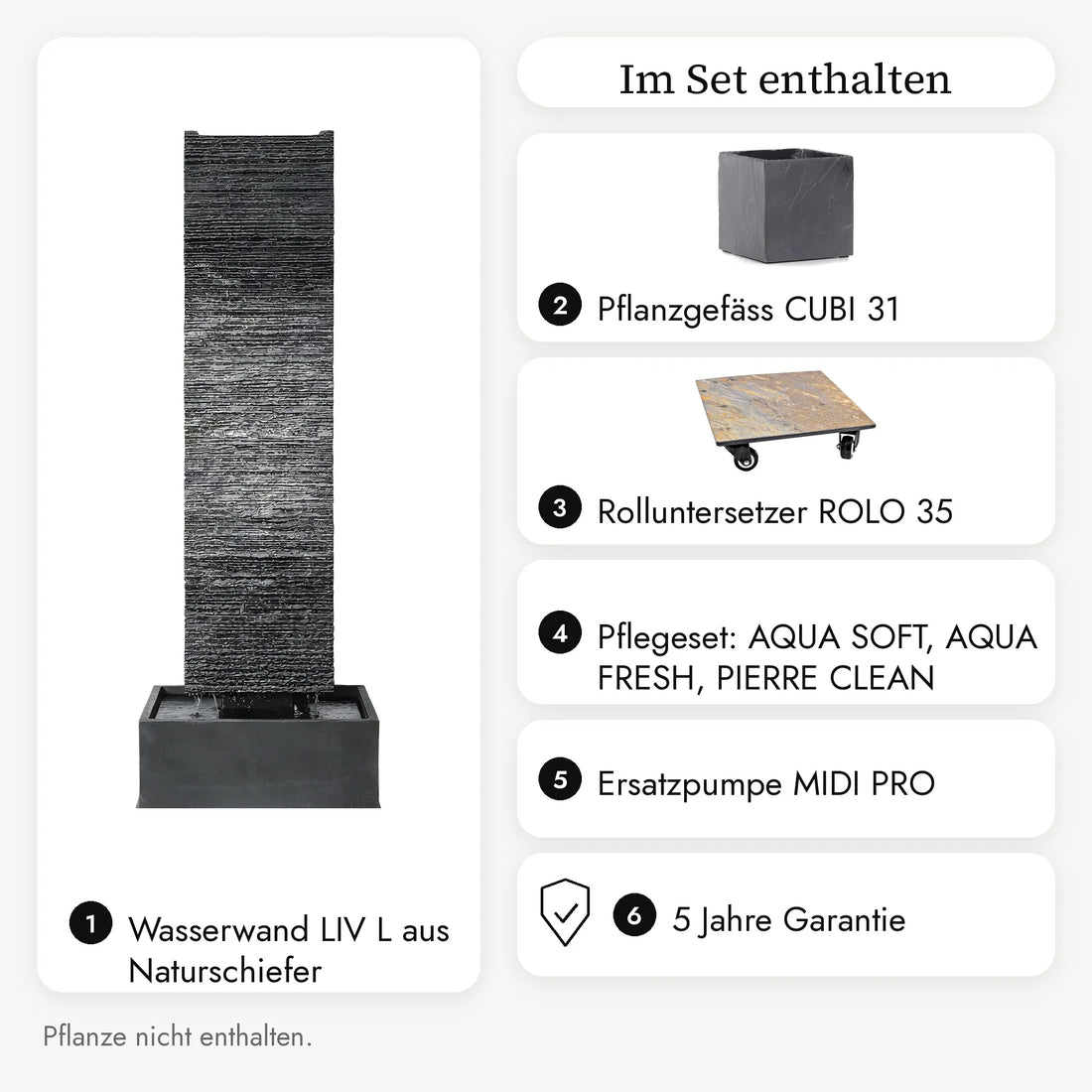 Im LIV L PREMIUM LIVING Set enthalten: Wasserwand, Pflanzgefäss, Rolluntersetzer, Pflegeset, Ersatzpumpe, 5 Jahre Garantie