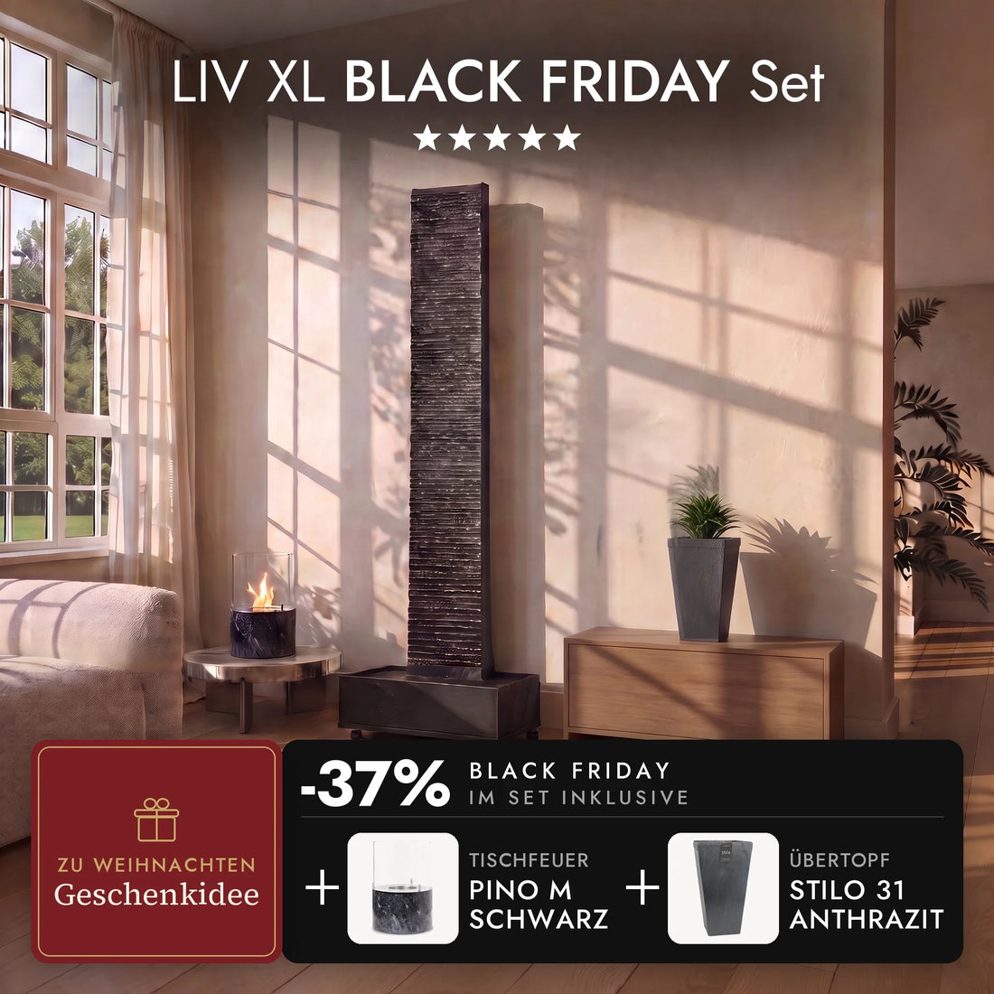 Wasserwand LIV XL im Wohnzimmer mit Übertopf STILO 31 Anthrazit auf dem Sideboard und brennendem Tischfeuer PINO M Schwarz auf dem Beistelltisch, LIV XL BLACK FRIDAY Set (KI-Inhalte)