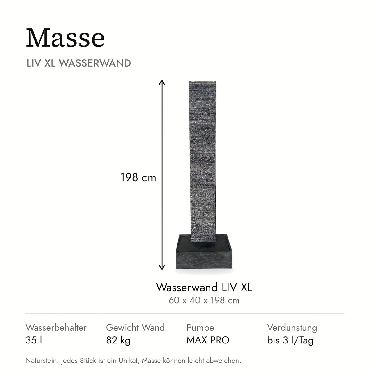 Masse der Wasserwand LIV XL: 60 x 40 x 198 cm