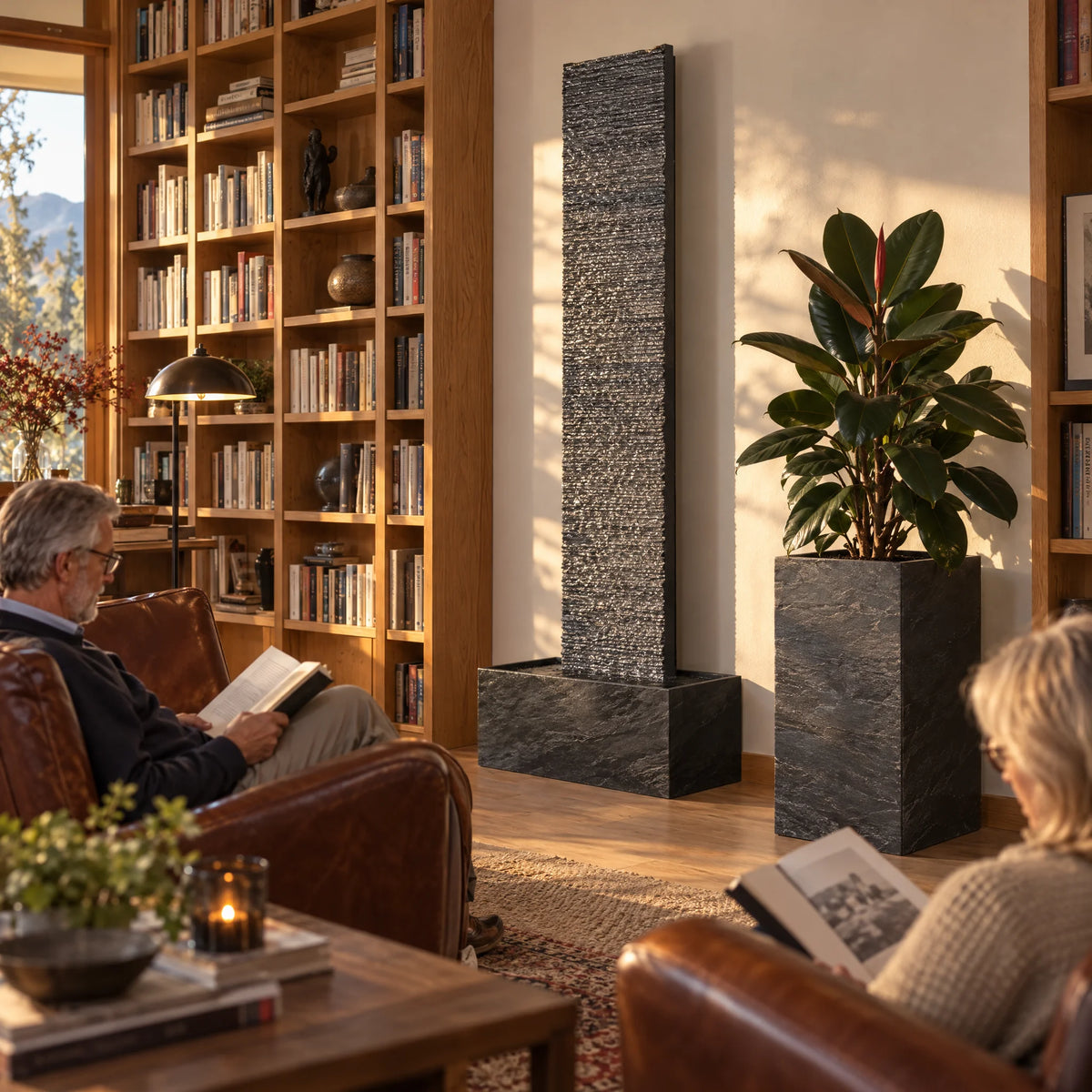 Wasserwand LIV XL in der Hausbibliothek (KI-Inhalte)