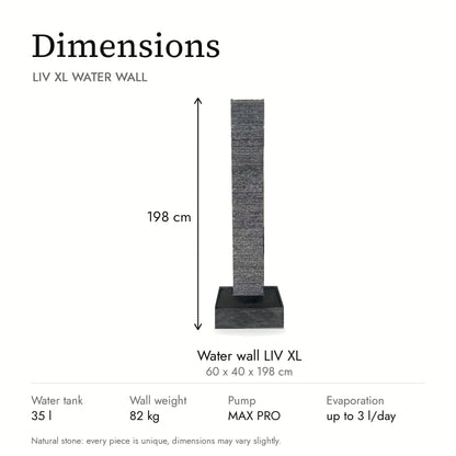 Dimensions of the LIV XL water wall: 60 x 40 x 198 cm