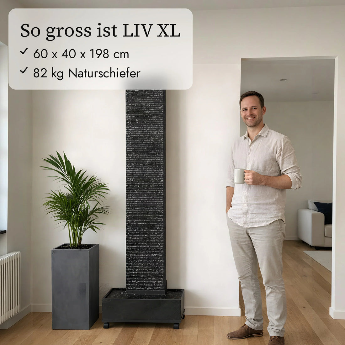 So gross ist die Wasserwand LIV XL im Vergleich zu einer Person (KI-Inhalte)