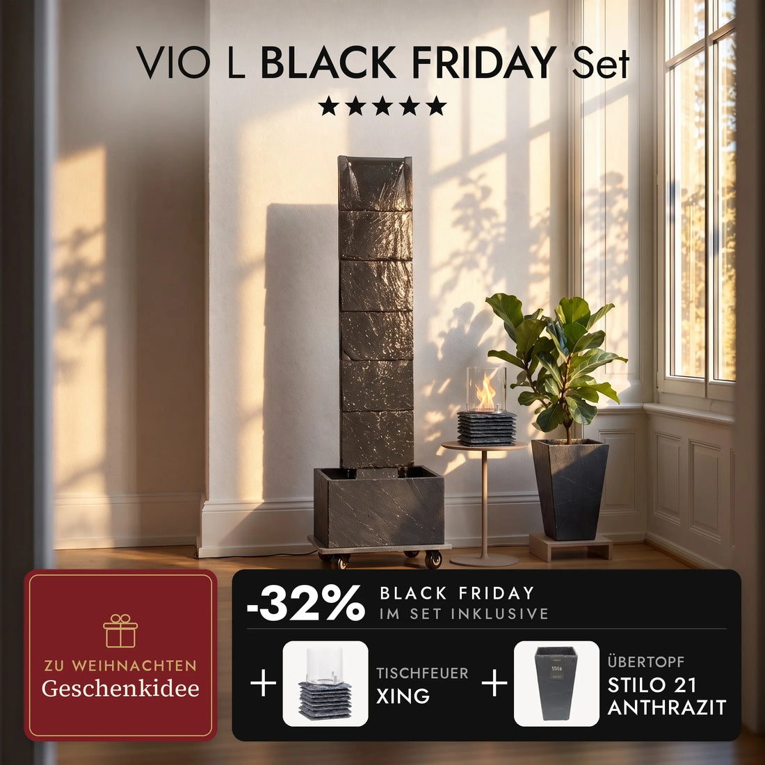 Wasserwand VIO L im Wohnzimmer mit Übertopf STILO 21 Anthrazit und brennendem Tischfeuer XING auf dem Beistelltisch, VIO L BLACK FRIDAY Set (KI-Inhalte)