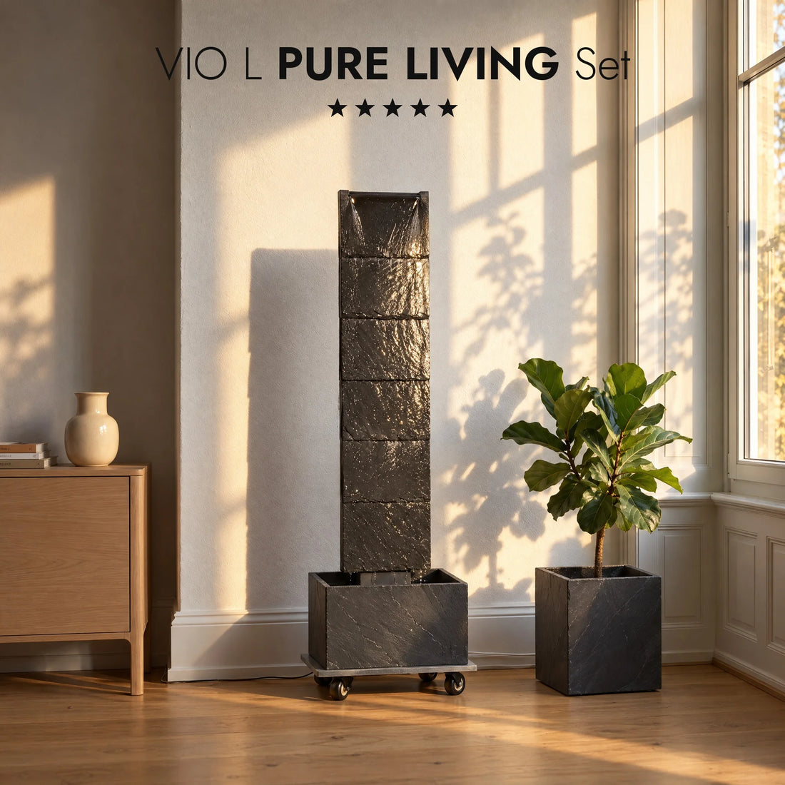 VIO L PURE LIVING Set water wall made of anthracite natural slate on the roller base in a living room with a sideboard and a fiddle-leaf fig (AI content)