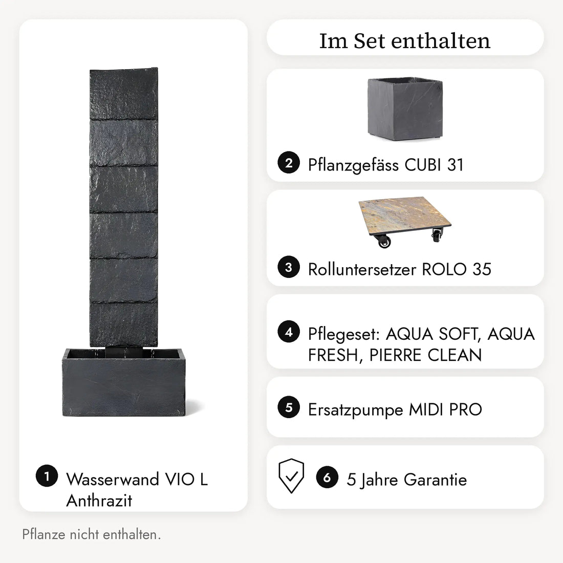 Im VIO L PURE LIVING Set enthalten: Wasserwand, Pflanzgefäss CUBI 31, Rolluntersetzer ROLO 35, Pflegeset, Ersatzpumpe MIDI PRO, 5 Jahre Garantie