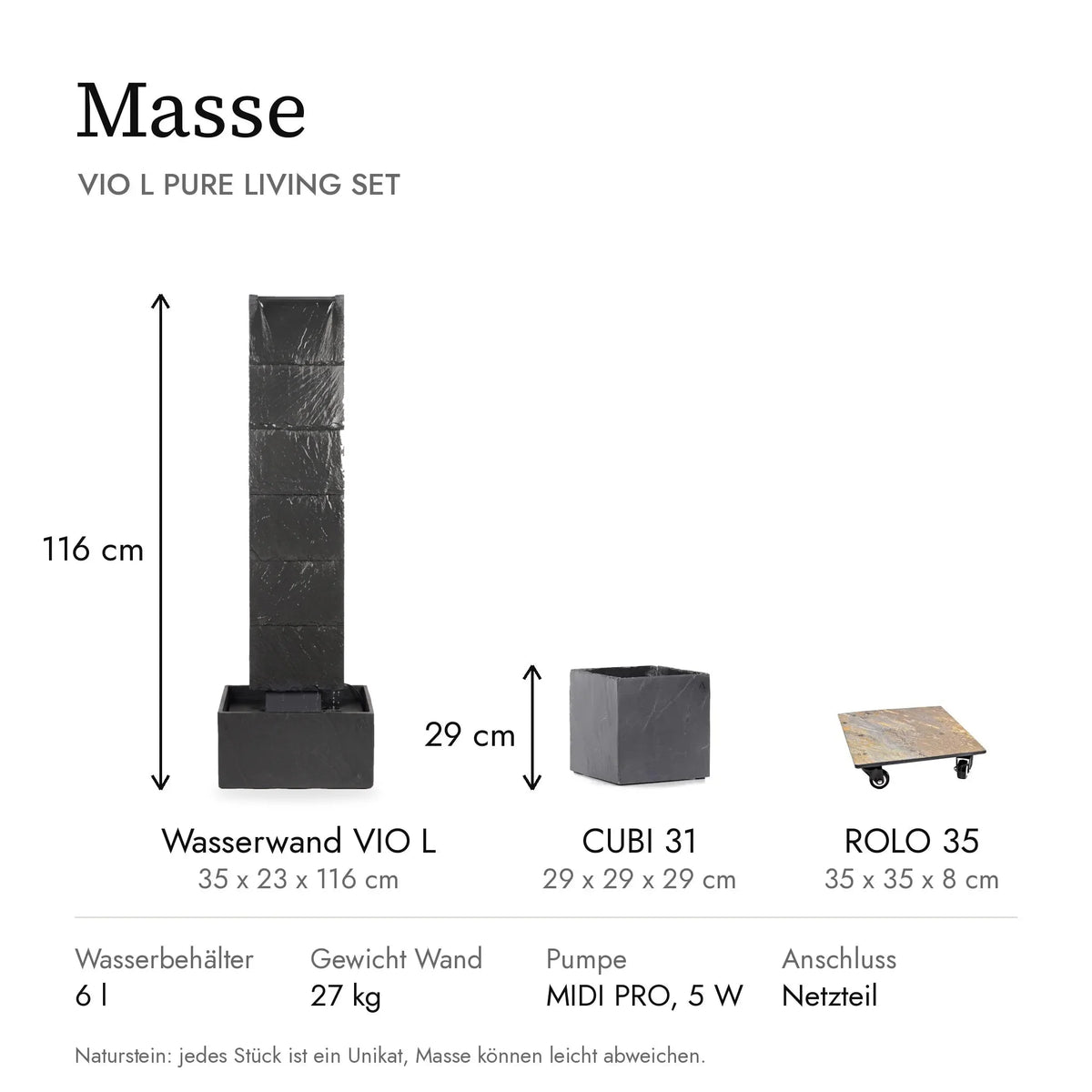 Masse VIO L PURE LIVING Set: Wasserwand VIO L 35 x 23 x 116 cm, CUBI 31 und ROLO 35