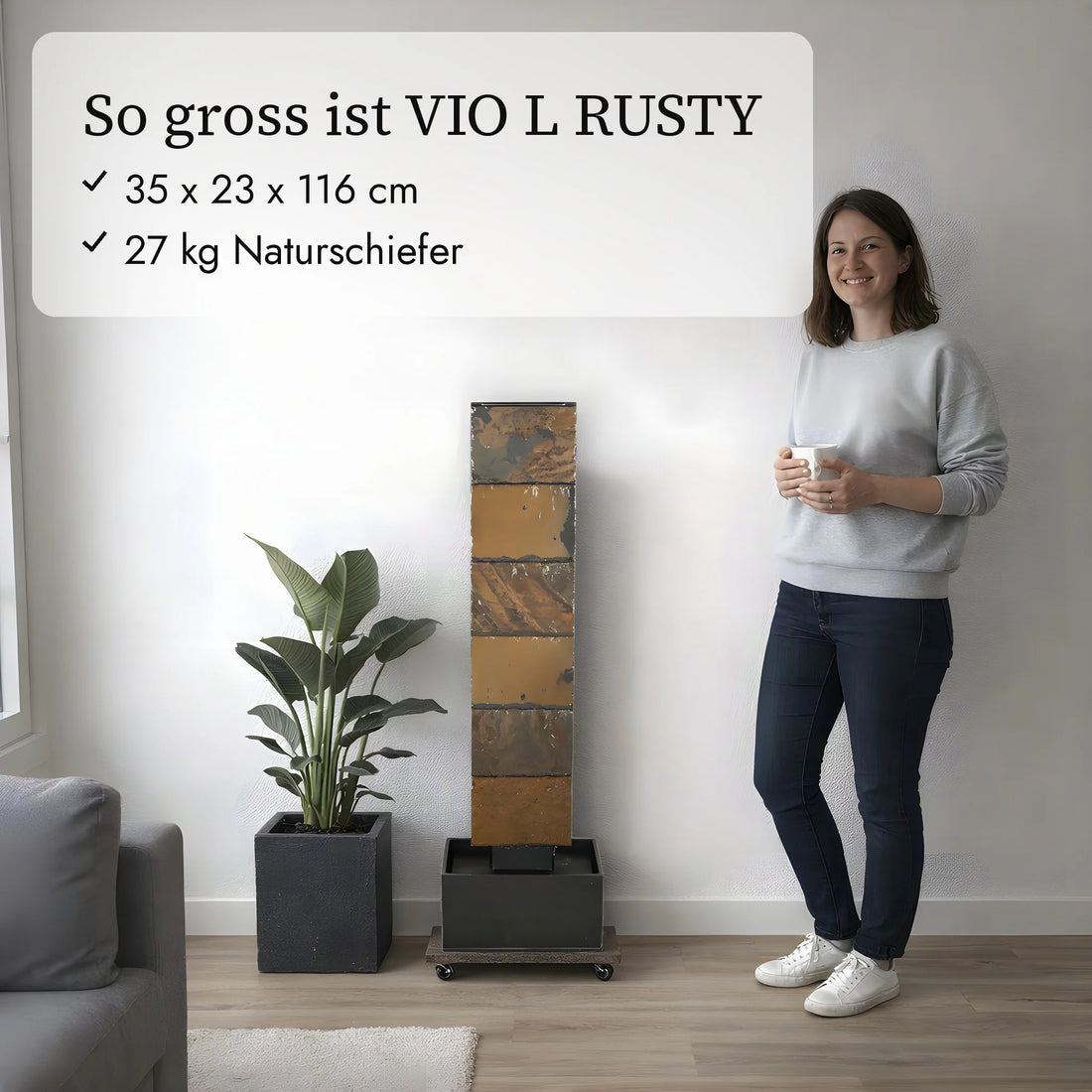 So gross ist die Wasserwand VIO L RUSTY im Vergleich zu einer Person (KI-Inhalte)