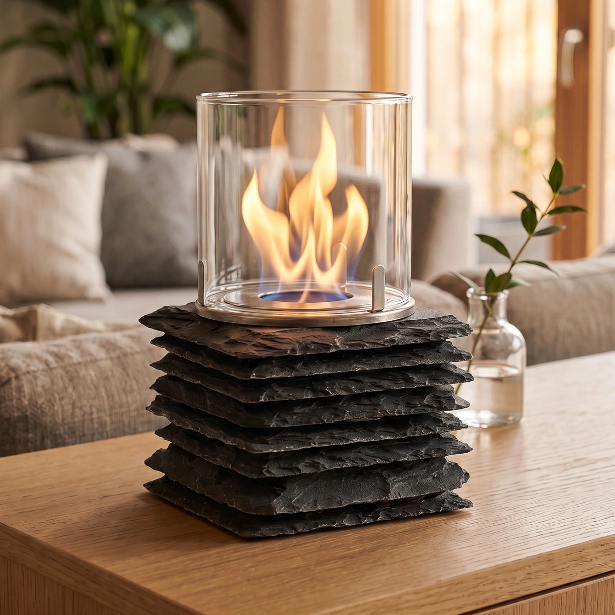Tischfeuer XING auf einem Sideboard im Wohnzimmer