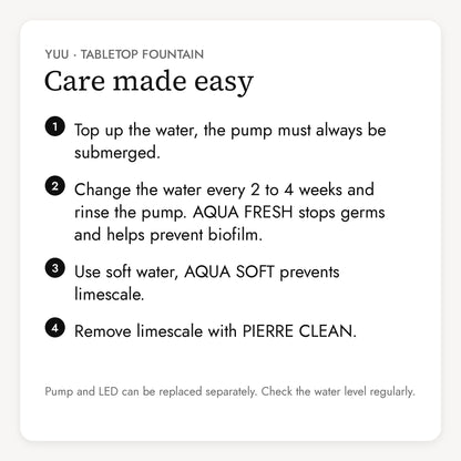 Care of the YUU tabletop fountain in four steps